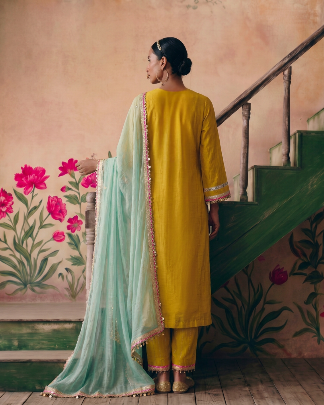 Mustard Gota Flower placket kurta Set