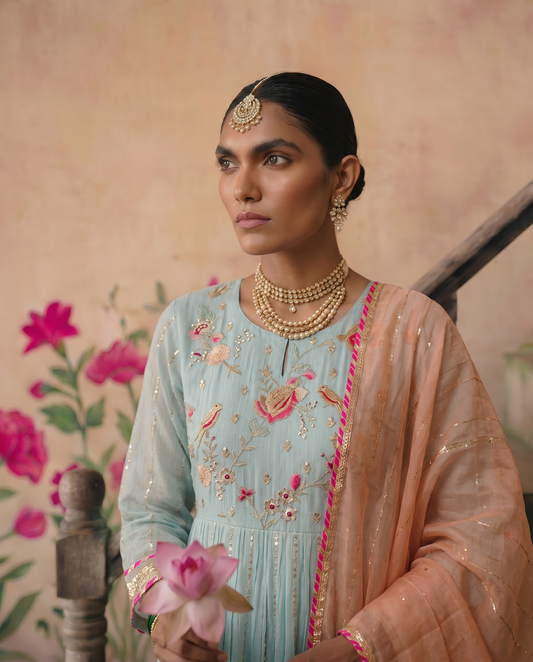 Pastel Blue kurta Set with Peach Dupatta