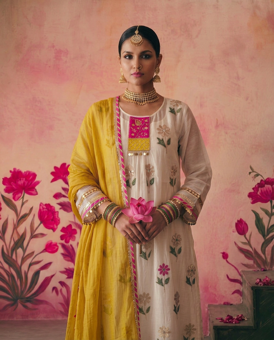 Off White gota flower placket kurta set