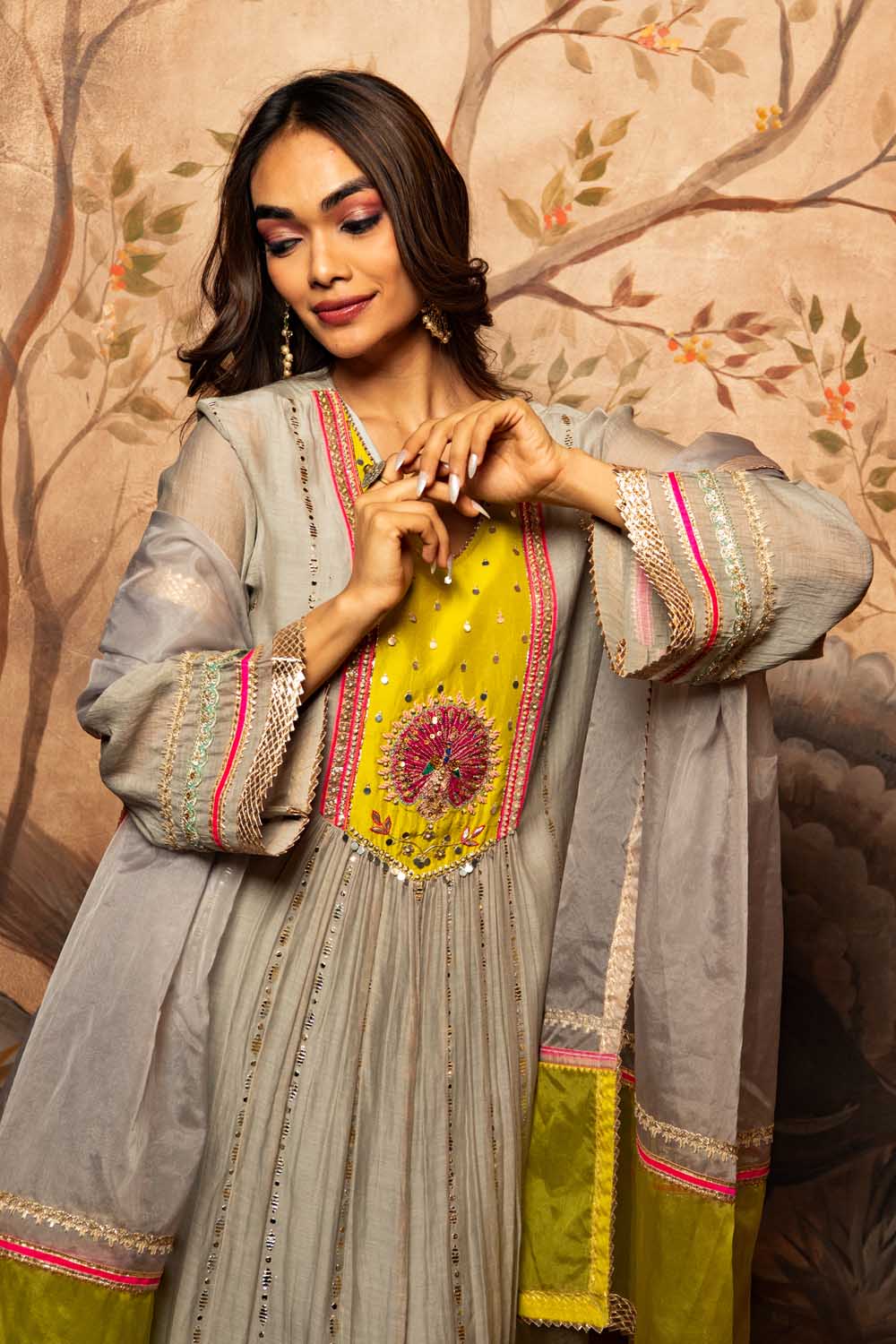 Grey pecock Embroidered kurta Set