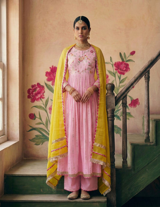 Blush Pink kurta Set with Mustard Dupatta
