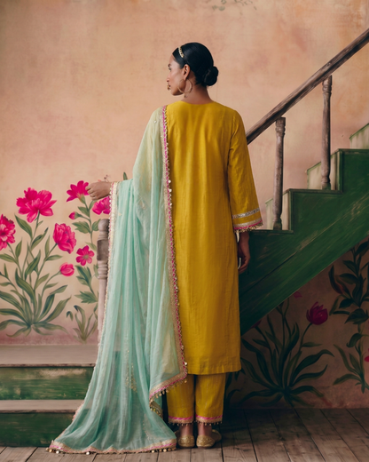 Mustard Gota Flower placket kurta Set