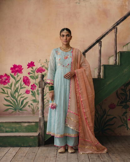 Pastel Blue kurta Set with Peach Dupatta