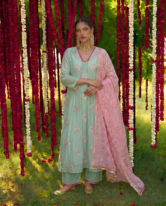 Ethereal Blush & Mint Embroidered Suit Set