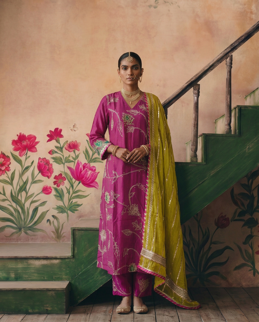 Rani Pink All Over Gota Jaal kurta set