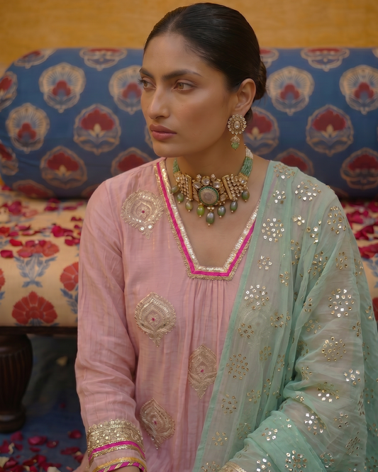 Mint Serenity & Pink Embellished kurta Set