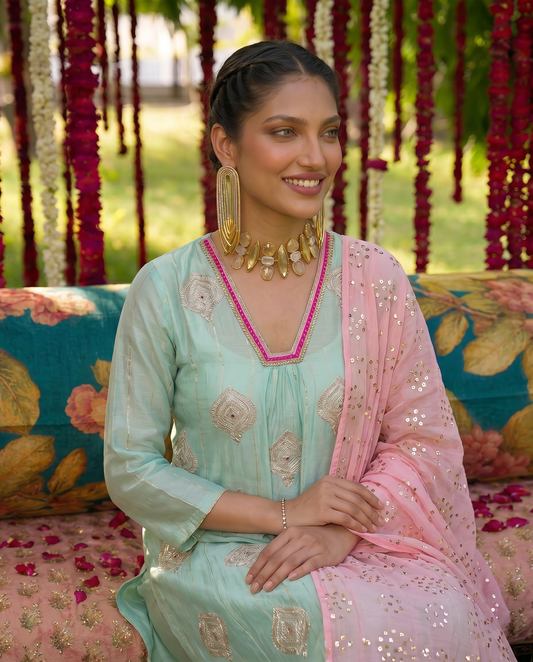 Ethereal Blush & Mint Embroidered Suit Set