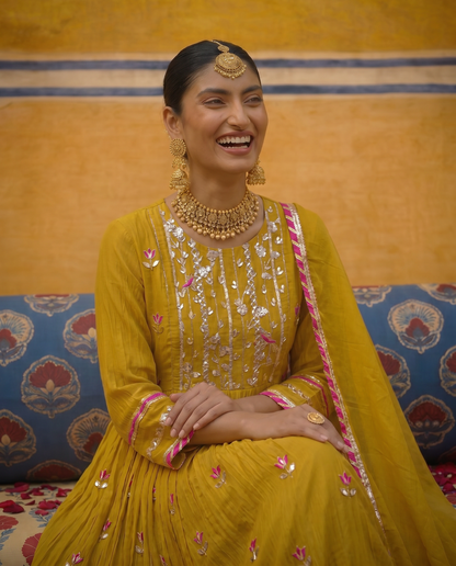 Mustard gota petal kurta Set