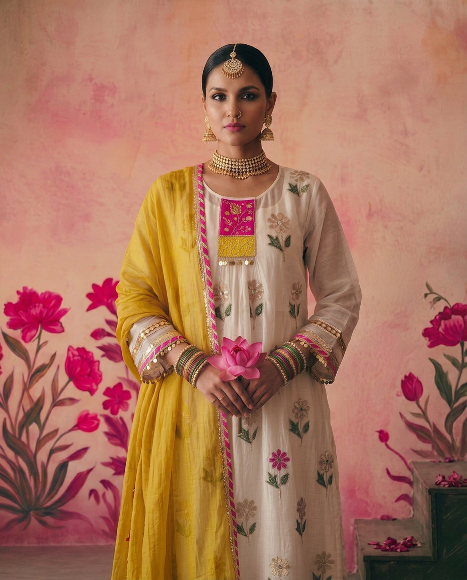 Off White gota flower placket kurta set