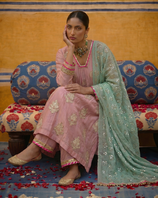 Mint Serenity & Pink Embellished kurta Set