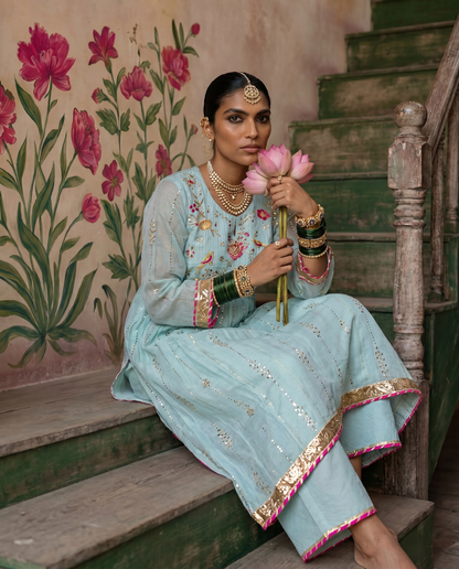 Pastel Blue kurta Set with Peach Dupatta