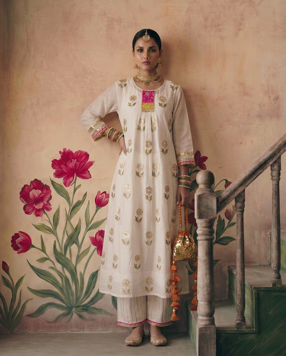 Off White gota flower placket kurta set