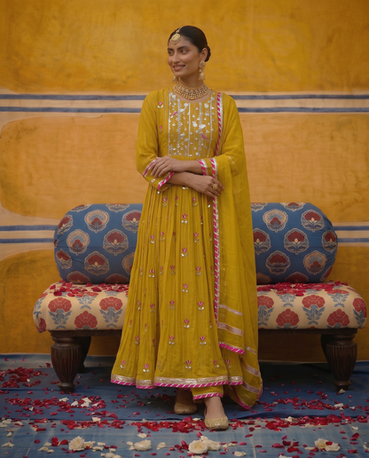 Mustard gota petal kurta Set