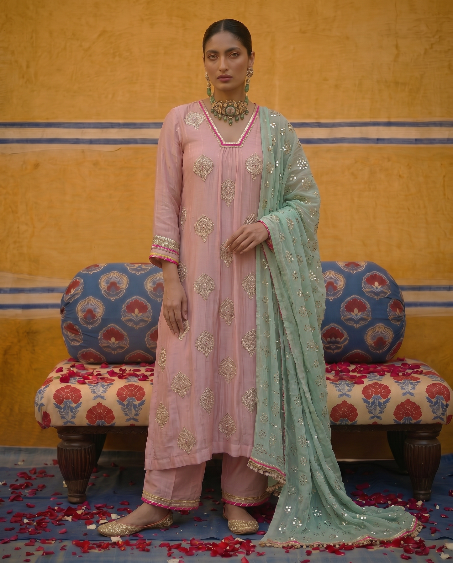 Mint Serenity & Pink Embellished kurta Set