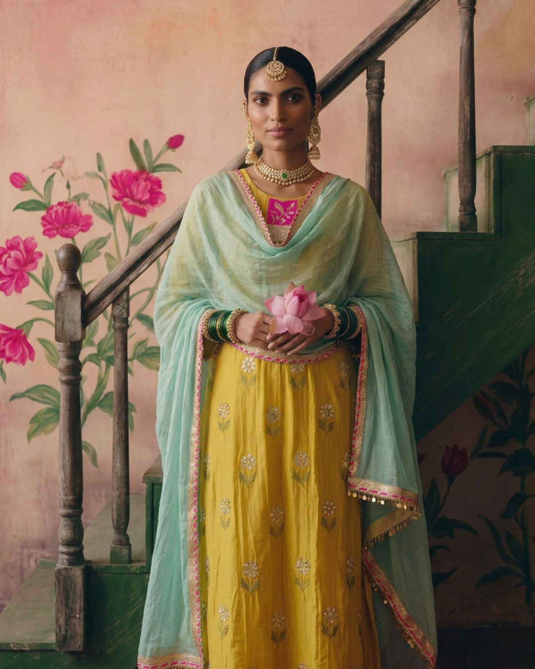 Mustard Gota Flower placket kurta Set