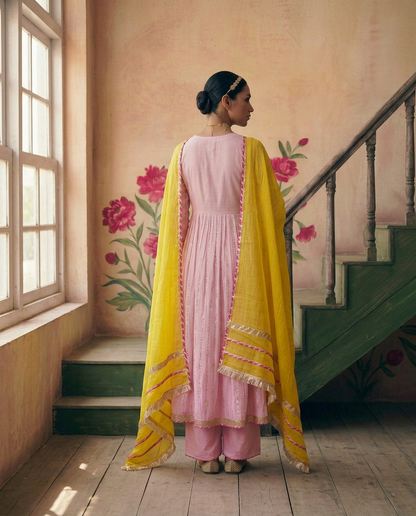 Blush Pink kurta Set with Mustard Dupatta