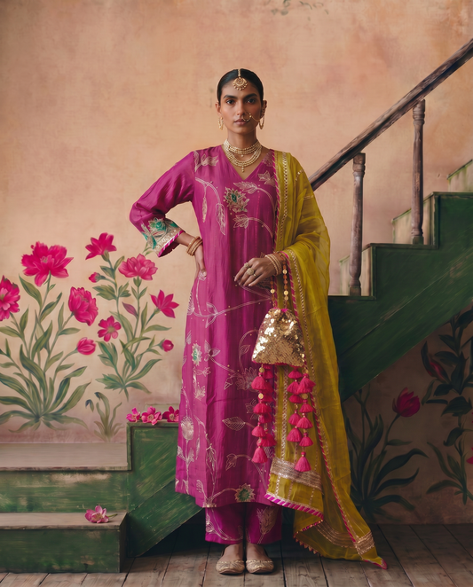 Rani Pink All Over Gota Jaal kurta set
