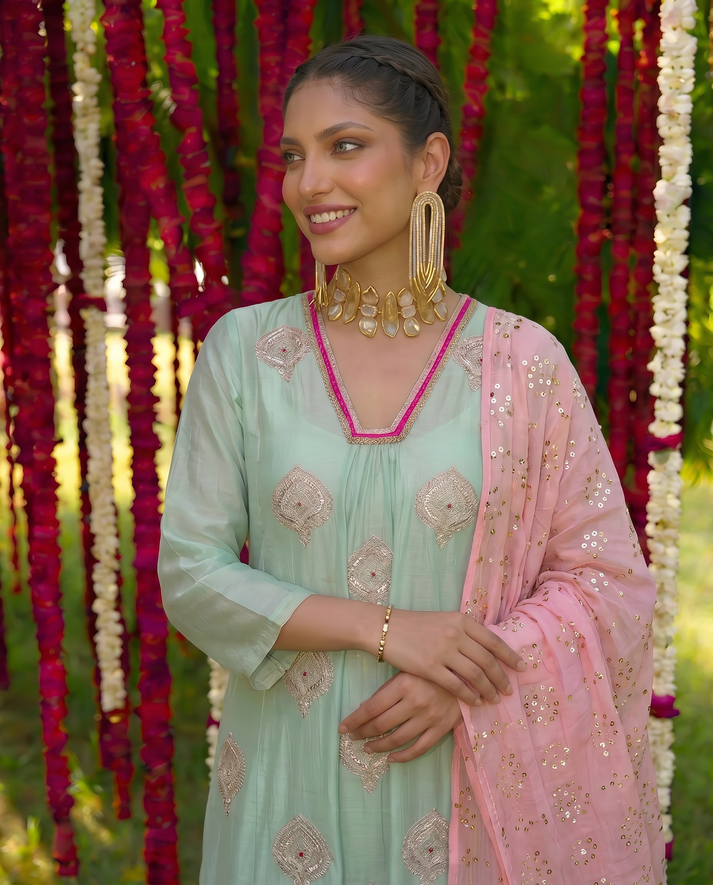Ethereal Blush & Mint Embroidered Suit Set