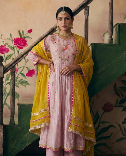 Blush Pink kurta Set with Mustard Dupatta