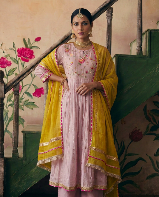 Blush Pink kurta Set with Mustard Dupatta