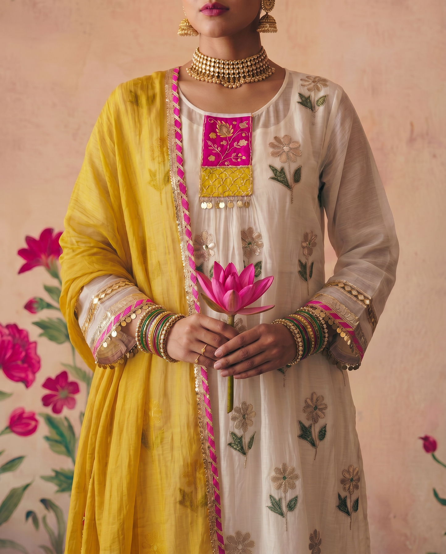 Off White gota flower placket kurta set