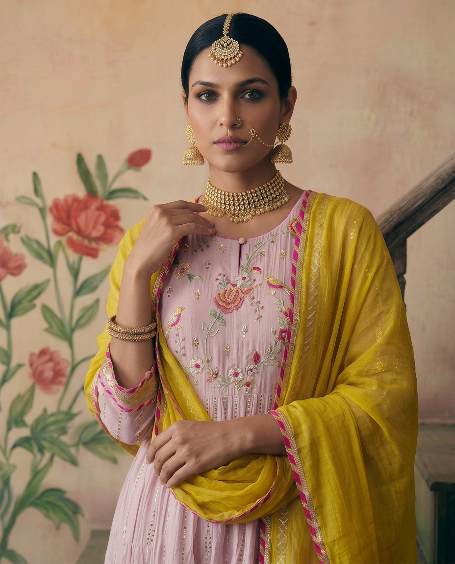 Blush Pink kurta Set with Mustard Dupatta