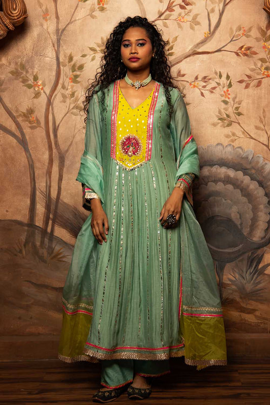 Mint Green pecock Embroiderec kurta Set