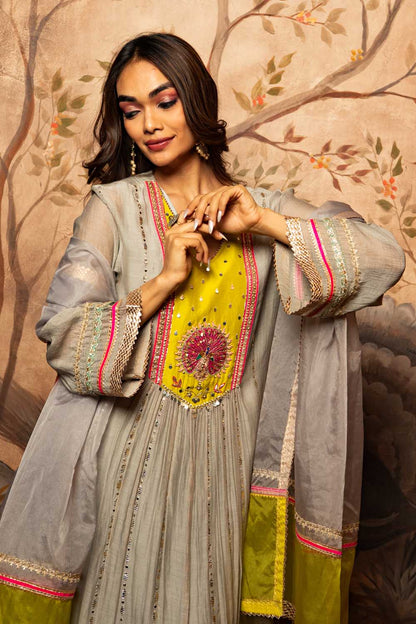 Grey pecock Embroidered kurta Set