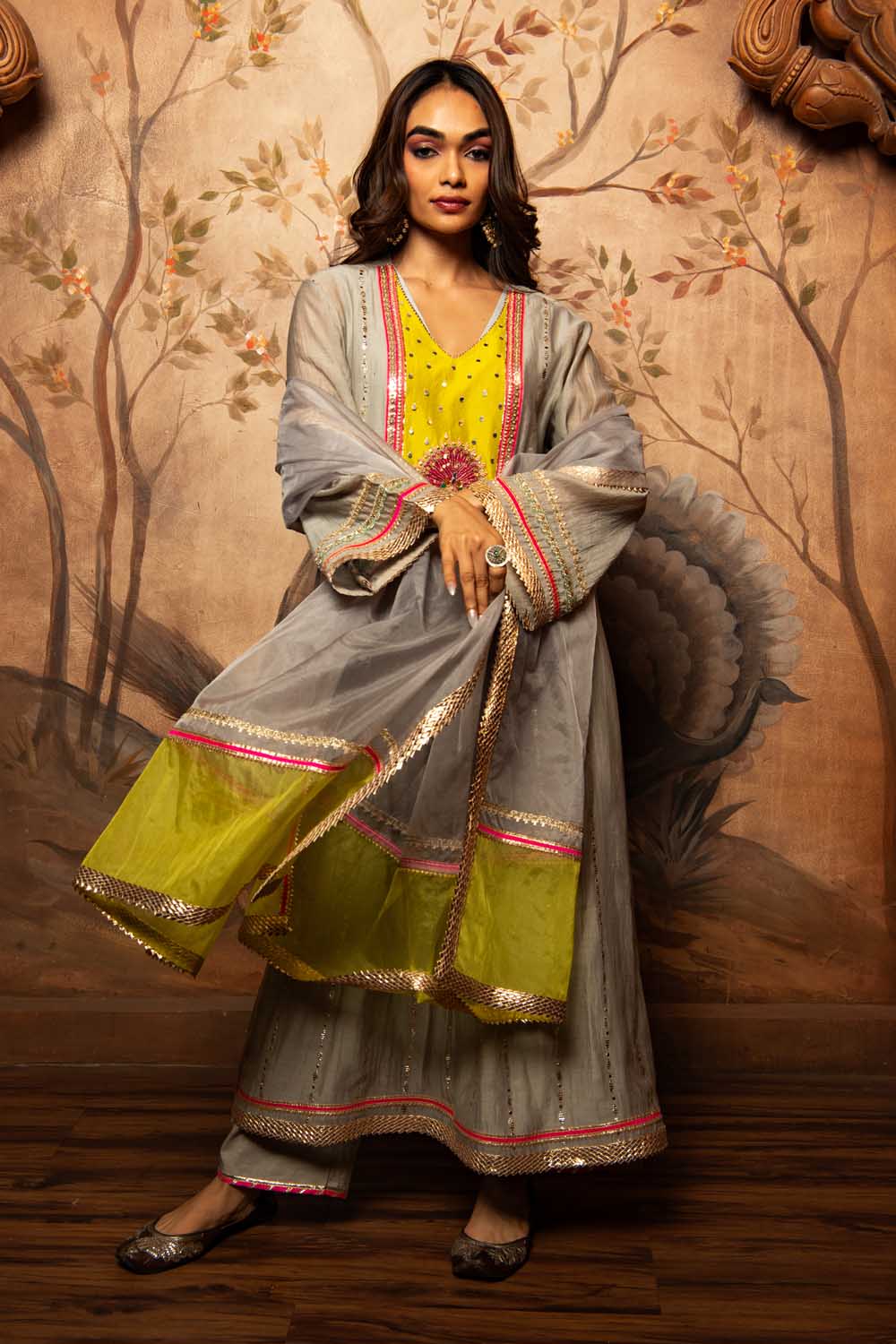 Grey pecock Embroidered kurta Set