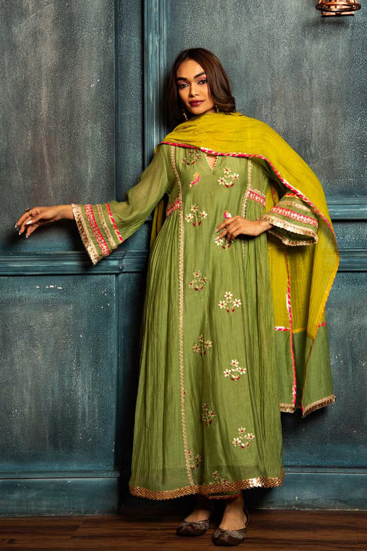 Olive Green bird kurta Set