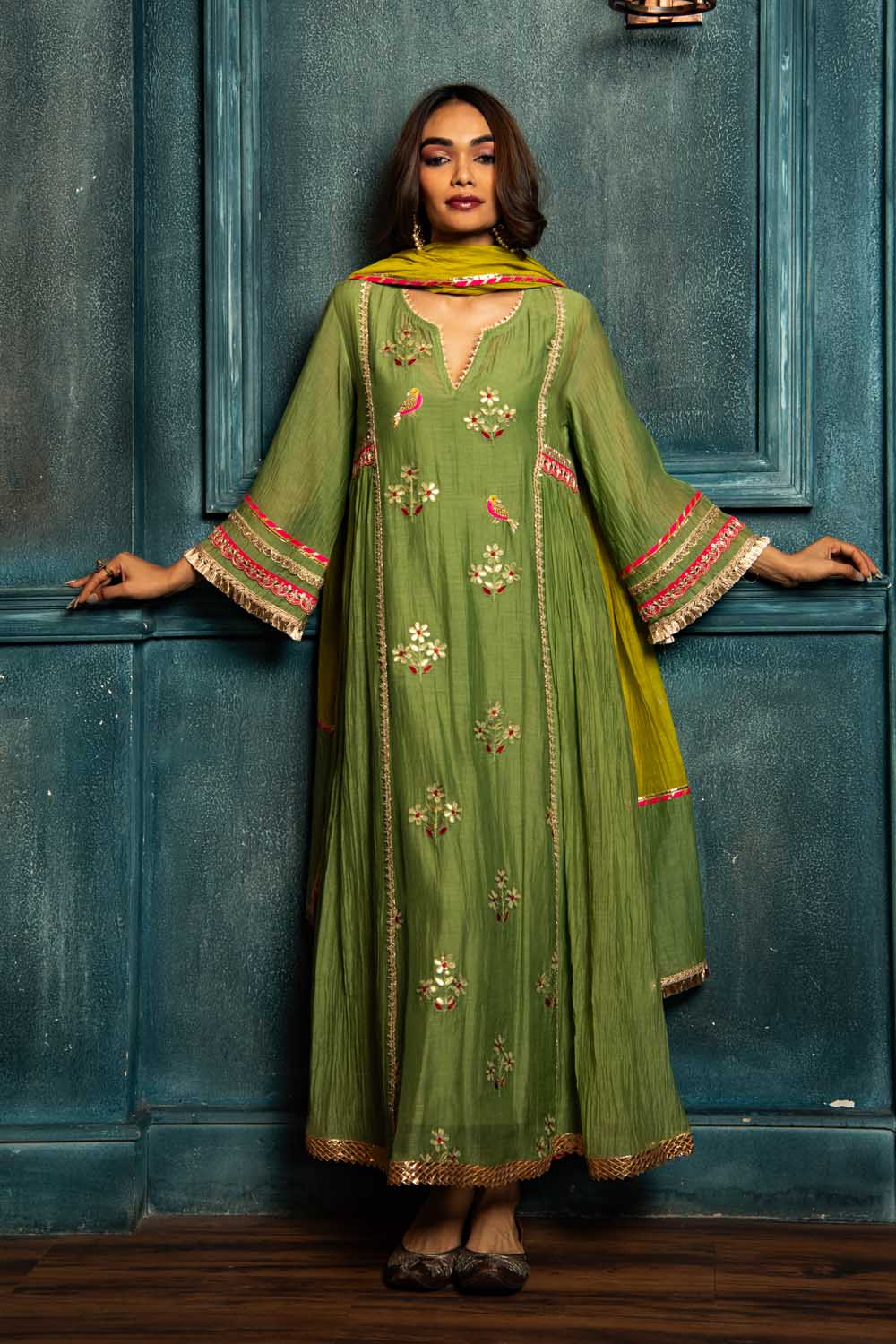 Olive Green bird kurta Set