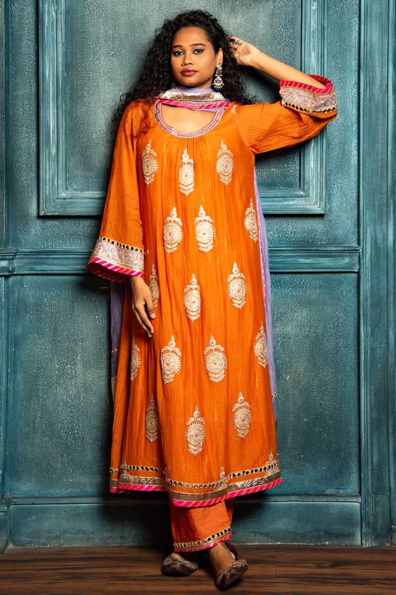 Royal Orange dori boota Kurta Set