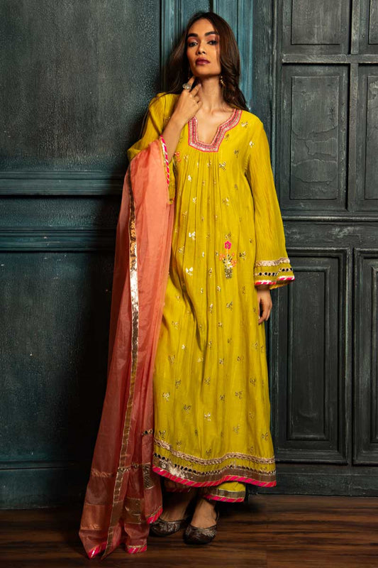 Lime Yellow Suit Set with Peach Dupatta