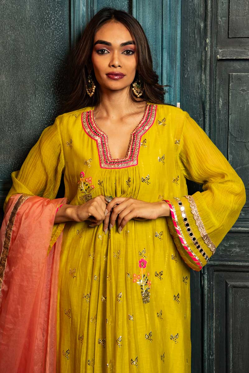 Lime Yellow Suit Set with Peach Dupatta