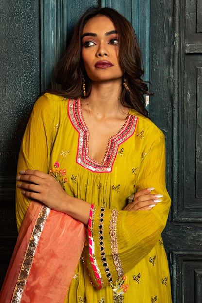 Lime Yellow Suit Set with Peach Dupatta