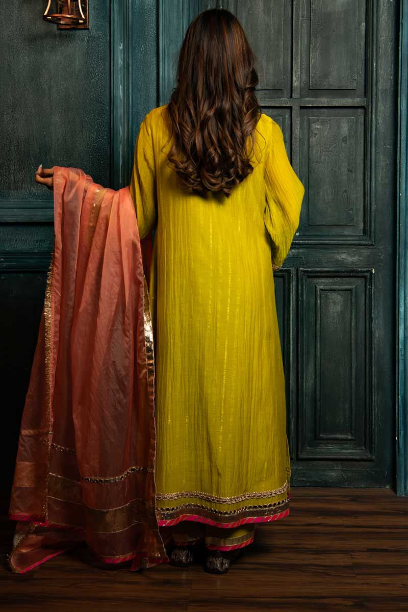 Lime Yellow Suit Set with Peach Dupatta