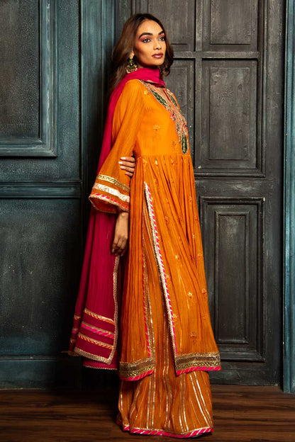 Vibrant Orange Anarkali with Sharara and Pink Dupatta