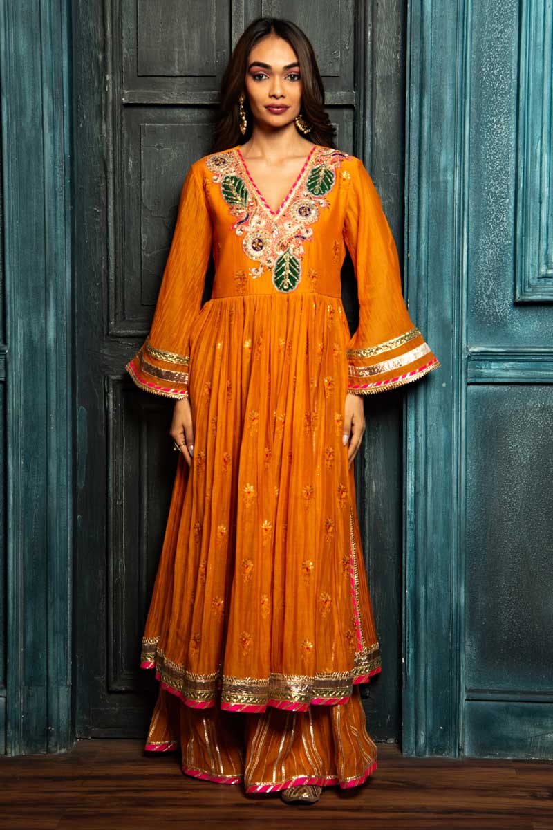Vibrant Orange Anarkali with Sharara and Pink Dupatta