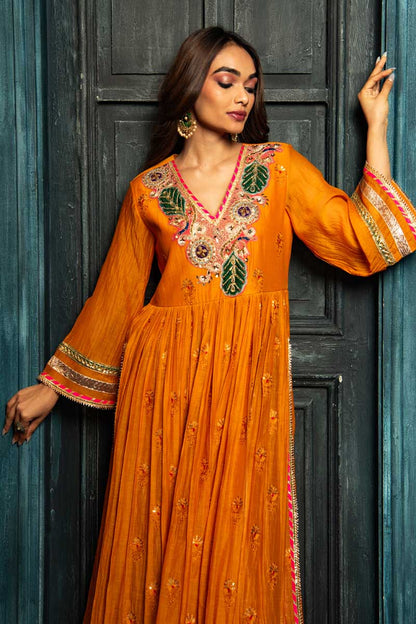 Vibrant Orange Anarkali with Sharara and Pink Dupatta