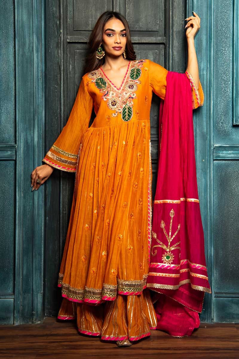 Vibrant Orange Anarkali with Sharara and Pink Dupatta