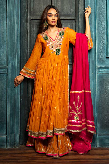Vibrant Orange Anarkali with Sharara and Pink Dupatta