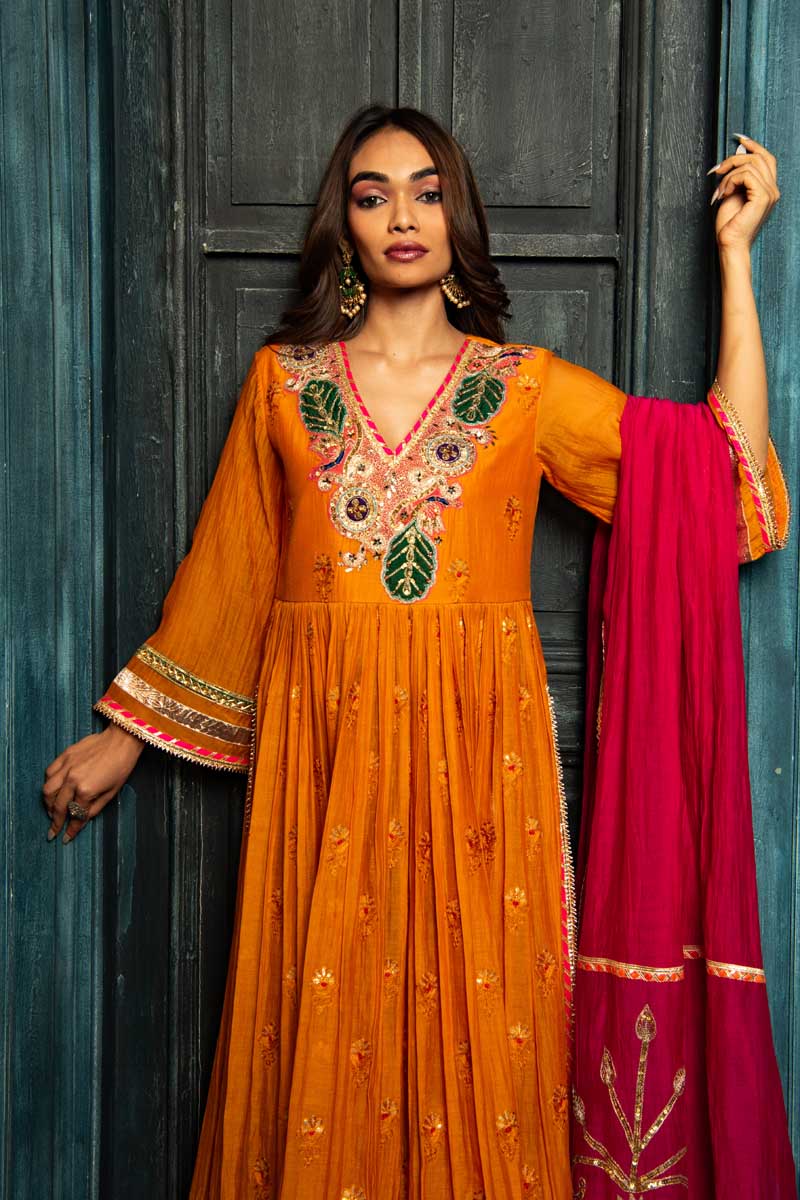Vibrant Orange Anarkali with Sharara and Pink Dupatta