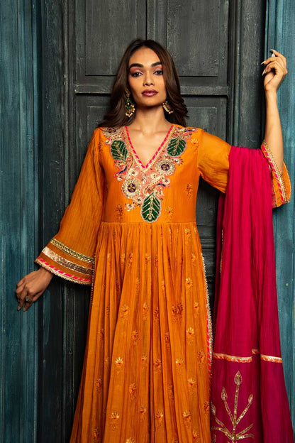 Vibrant Orange Anarkali with Sharara and Pink Dupatta