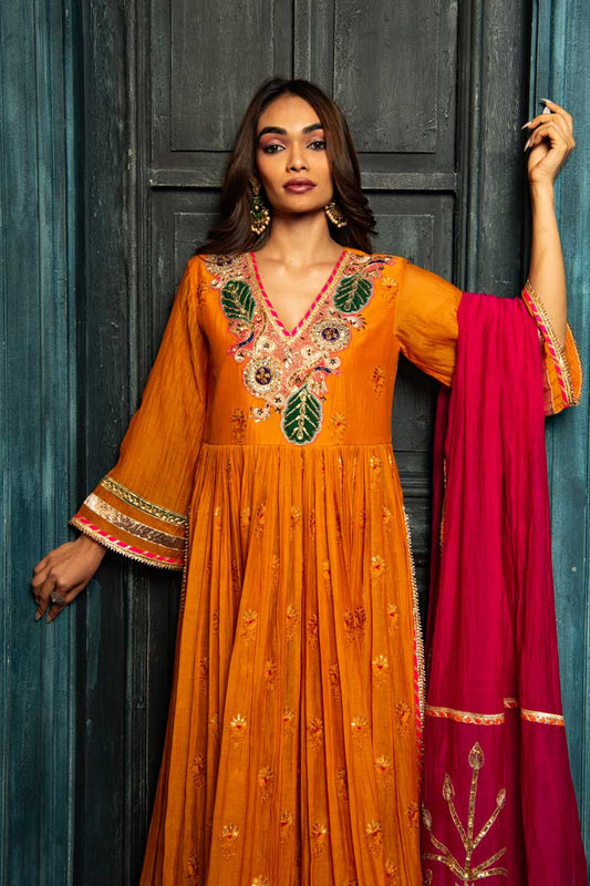 Vibrant Orange Anarkali with Sharara and Pink Dupatta