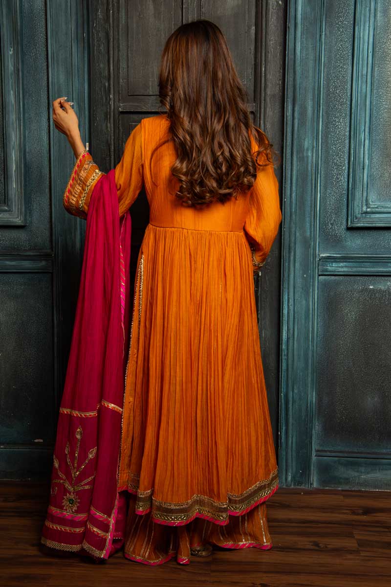 Vibrant Orange Anarkali with Sharara and Pink Dupatta