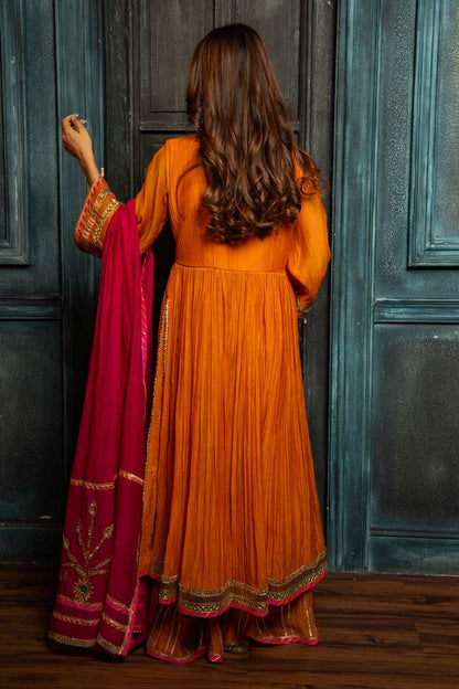 Vibrant Orange Anarkali with Sharara and Pink Dupatta
